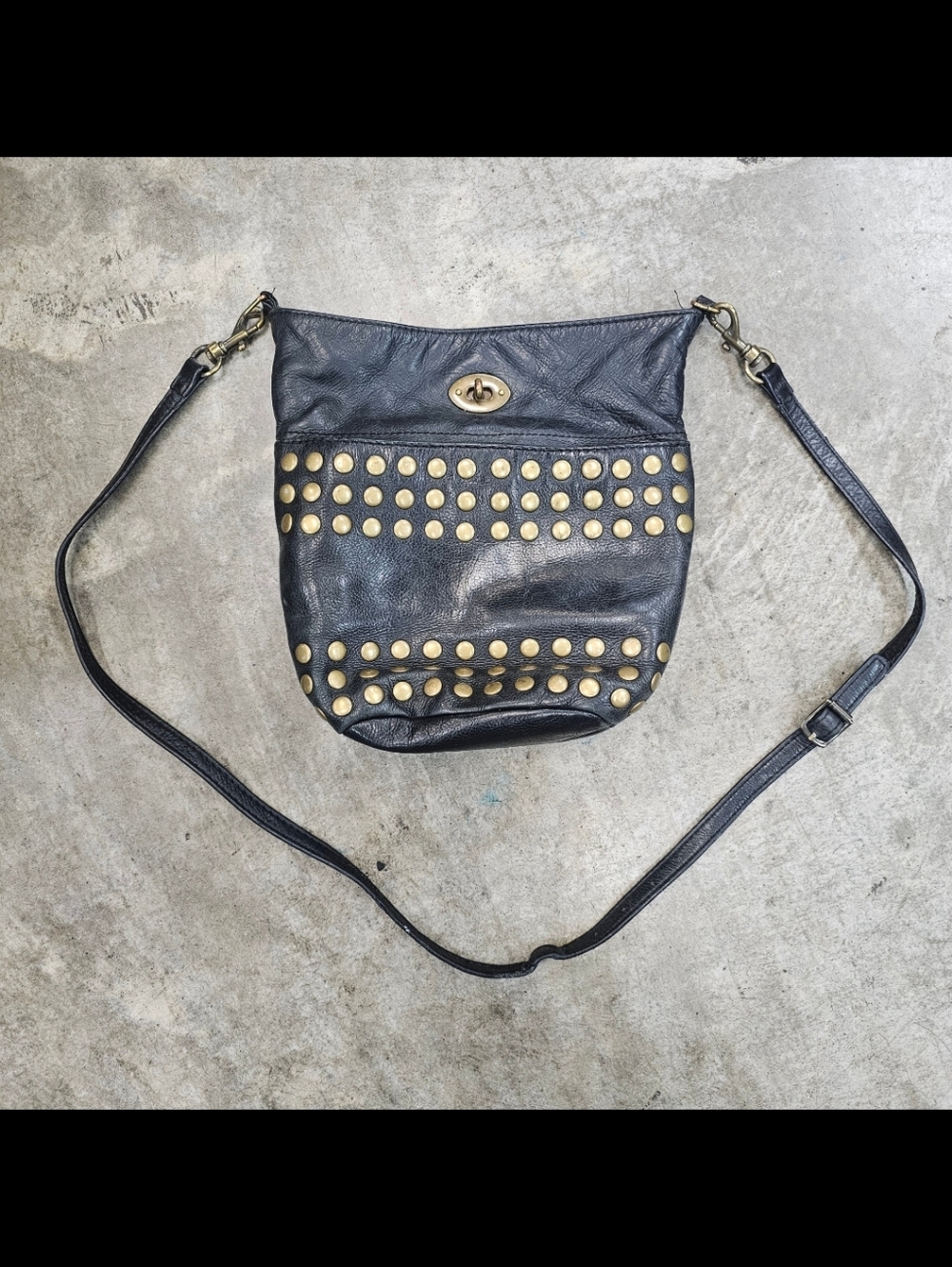 J. Crew Lockwood Black Leather Bucket Bag Studded Gold Adjustable Strap